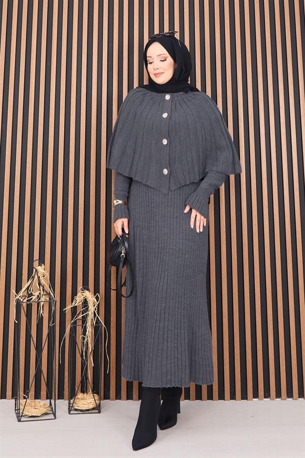 Buttoned Cape & Knitted Dress Hijab 2 Piece Set Gray