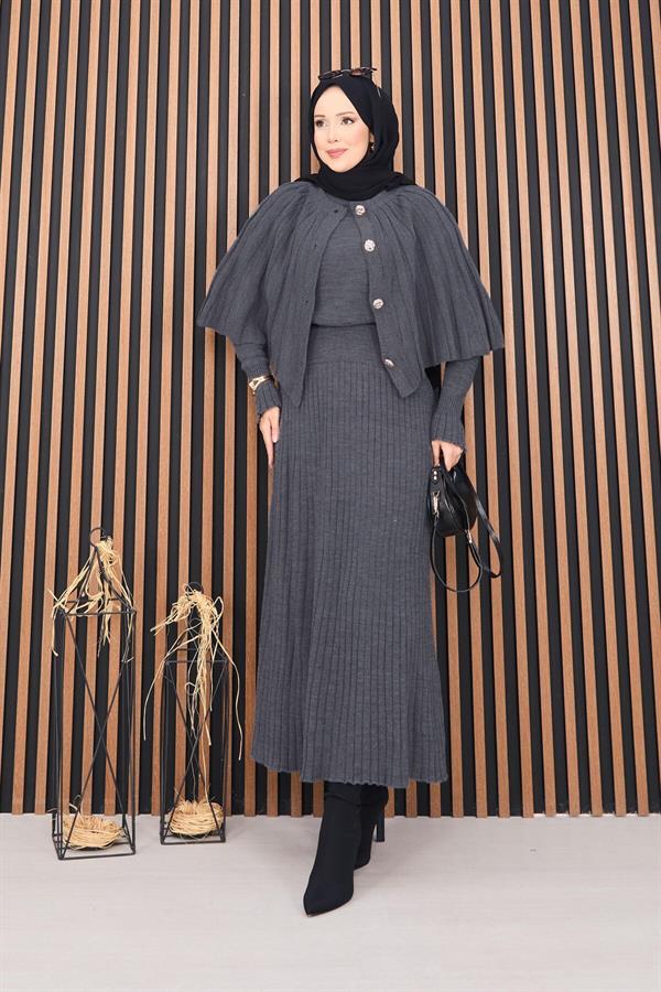 Buttoned Cape & Knitted Dress Hijab 2 Piece Set Gray