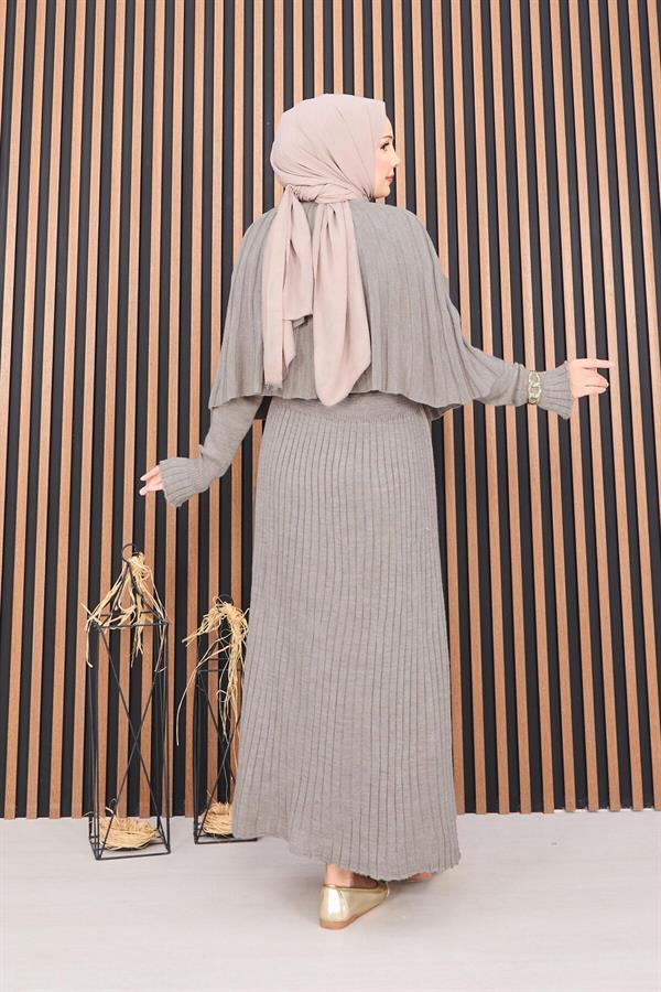 Buttoned Cape & Knitted Dress Hijab 2 Piece Set Mink