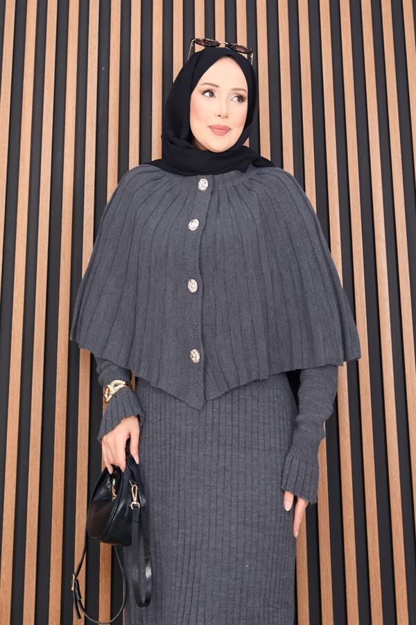 Buttoned Cape & Knitted Dress Hijab 2 Piece Set Gray