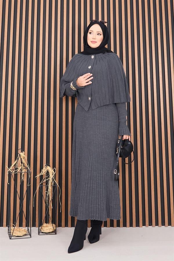 Buttoned Cape & Knitted Dress Hijab 2 Piece Set Gray