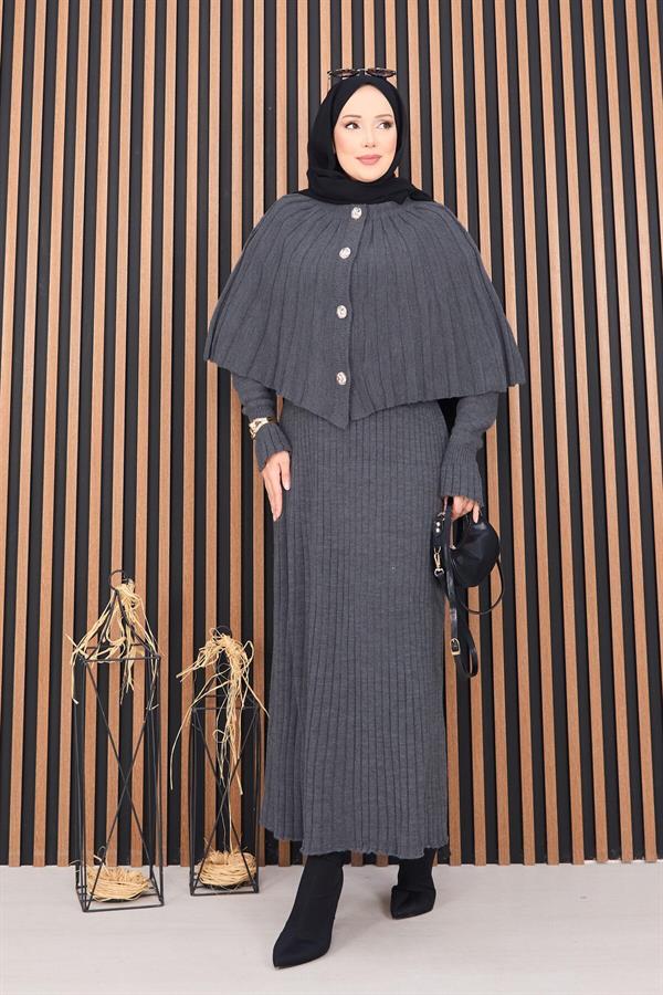 Buttoned Cape & Knitted Dress Hijab 2 Piece Set Gray