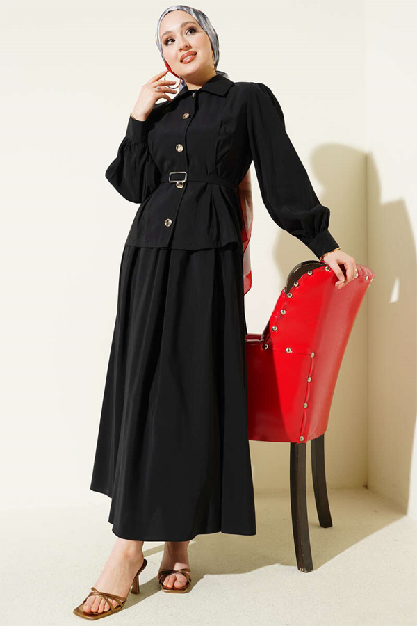 Buttoned Dart Detail Modal Skirt 2 Piece Set, Black