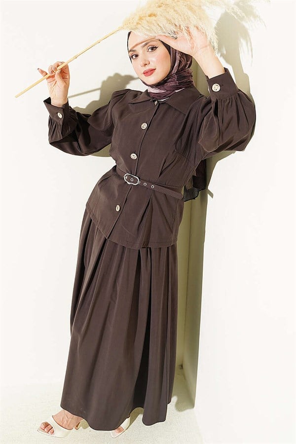 Buttoned Dart Detail Modal Skirt Set in Dark Brown