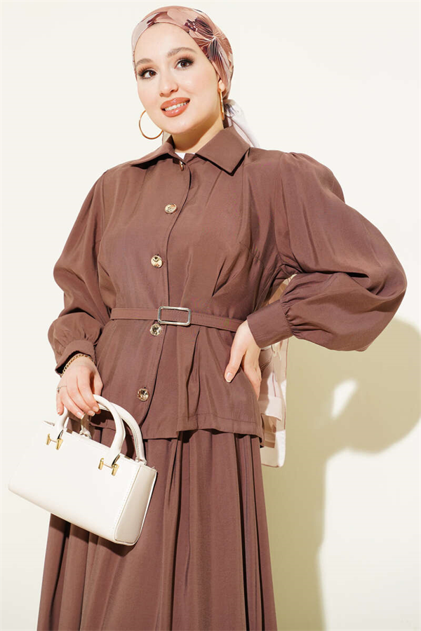 Buttoned Dart Detail Modal Skirt 2 Piece Set in Coffee Brown
