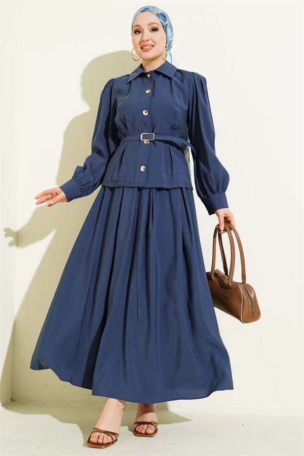 Navy Blue Modal Skirt Suit with Buttoned Dart Detail