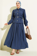 Navy Blue Modal Skirt Suit with Buttoned Dart Detail