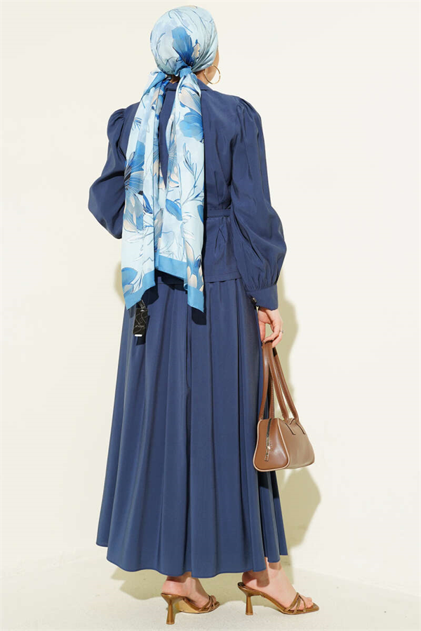 Navy Blue Modal Skirt Suit with Buttoned Dart Detail