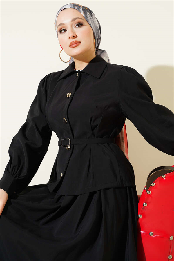 Buttoned Dart Detail Modal Skirt 2 Piece Set, Black