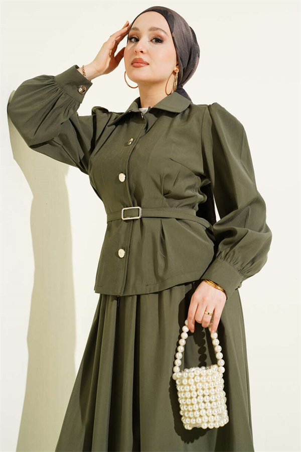 Buttoned Dart Detail Modal Skirt 2 Piece Set in Khaki