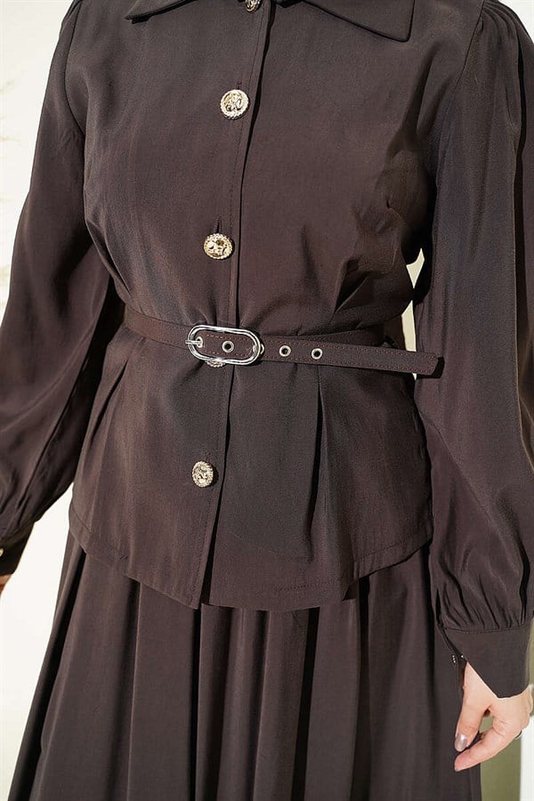 Buttoned Dart Detail Modal Skirt Set in Dark Brown