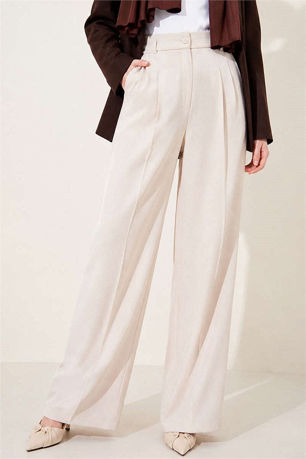 Buttoned Pleated Palazzo Trousers, Beige