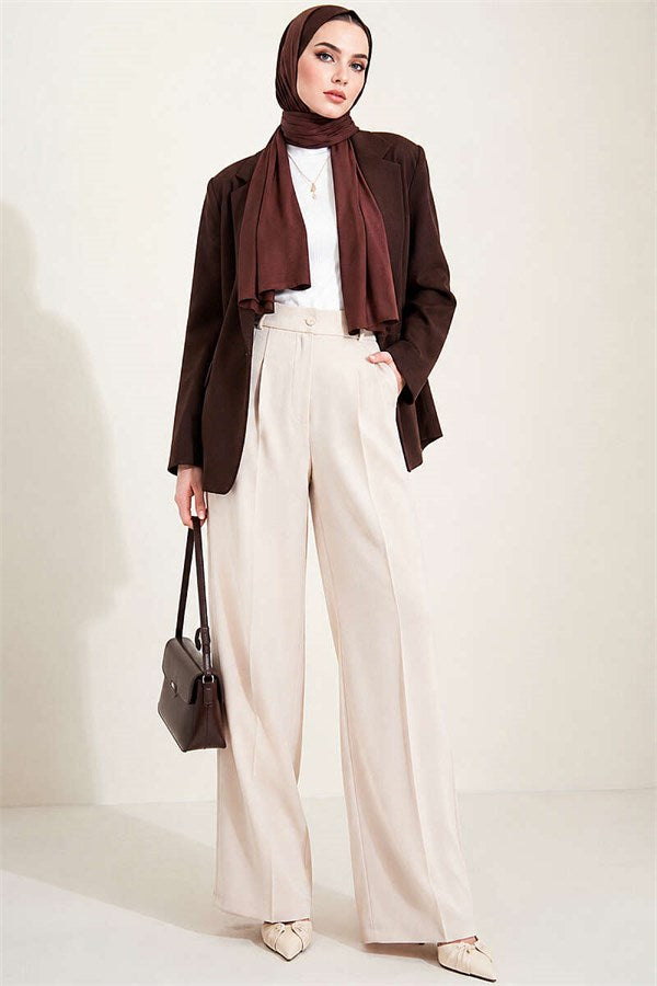 Buttoned Pleated Palazzo Trousers, Beige