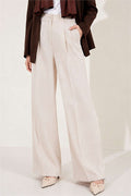 Buttoned Pleated Palazzo Trousers, Beige