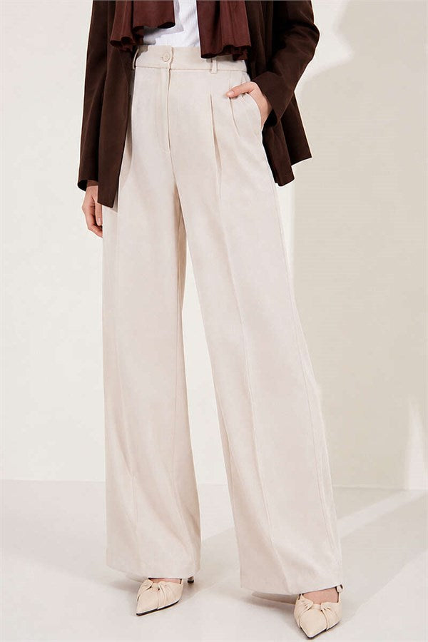 Buttoned Pleated Palazzo Trousers, Beige