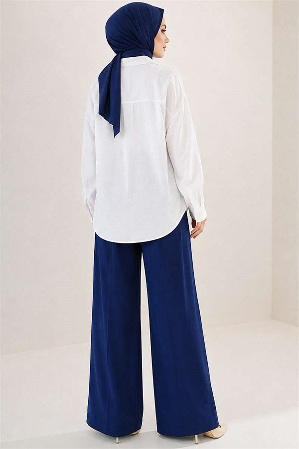 Buttoned Pleated Palazzo Trousers Navy Blue