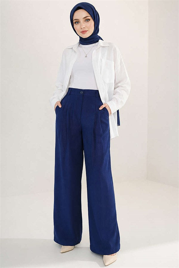 Buttoned Pleated Palazzo Trousers Navy Blue