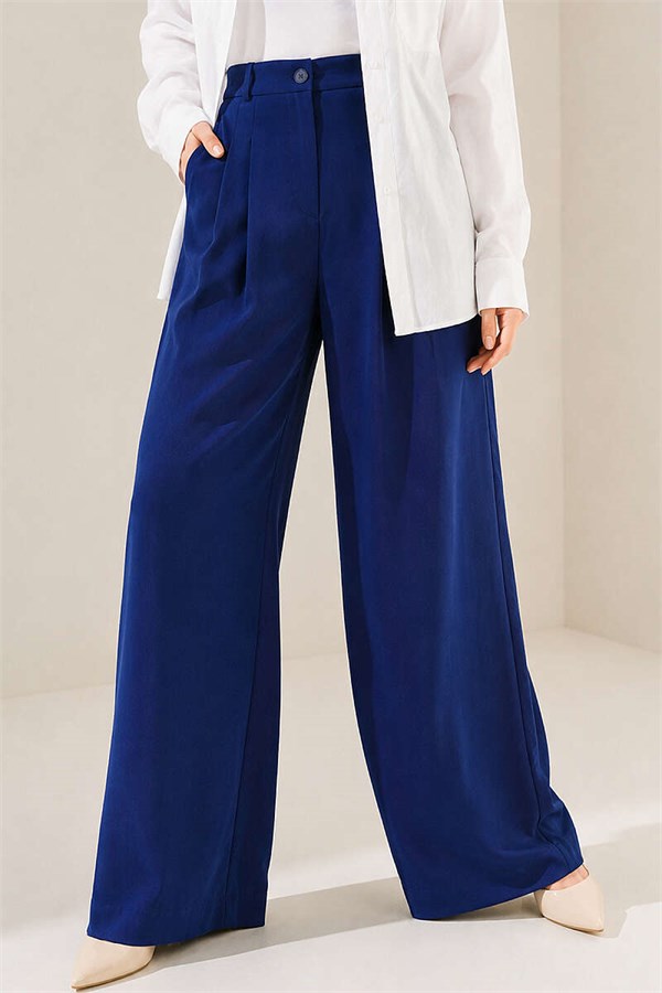 Buttoned Pleated Palazzo Trousers Navy Blue