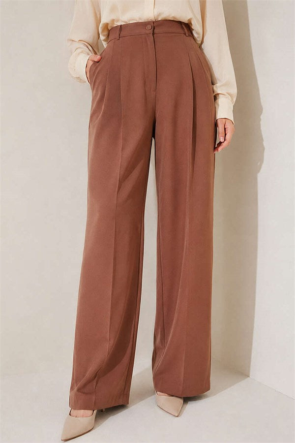 Buttoned Pleated Palazzo Trousers in Tan