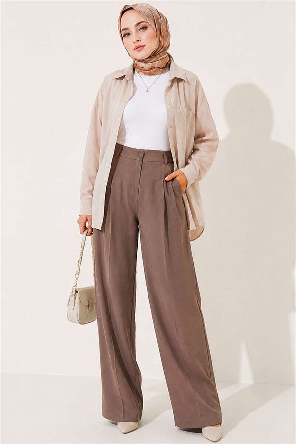 Buttoned Pleated Palazzo Trousers, Mink