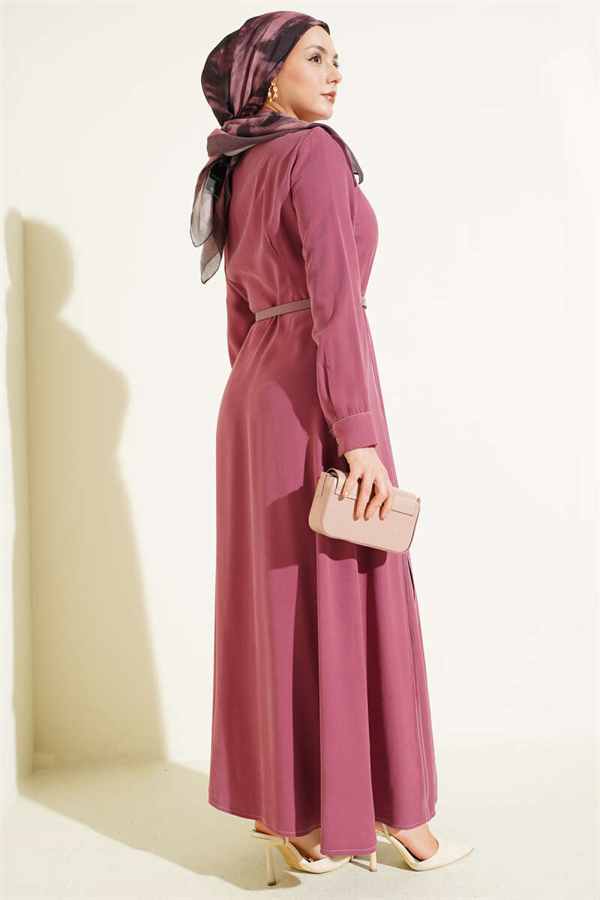 Buttoned Pleated Belted Dress in Rose Pink