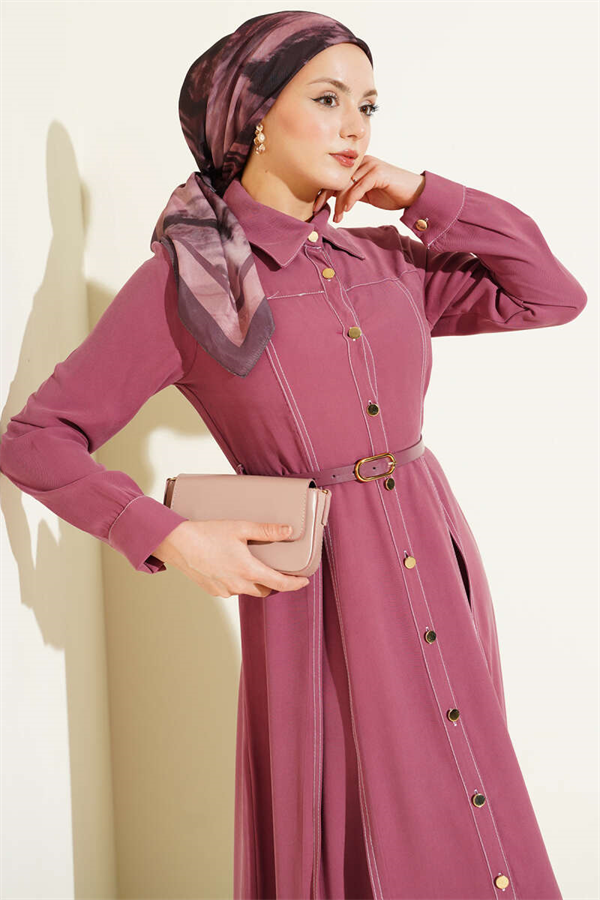Buttoned Pleated Belted Dress in Rose Pink