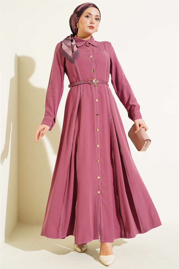 Buttoned Pleated Belted Dress in Rose Pink