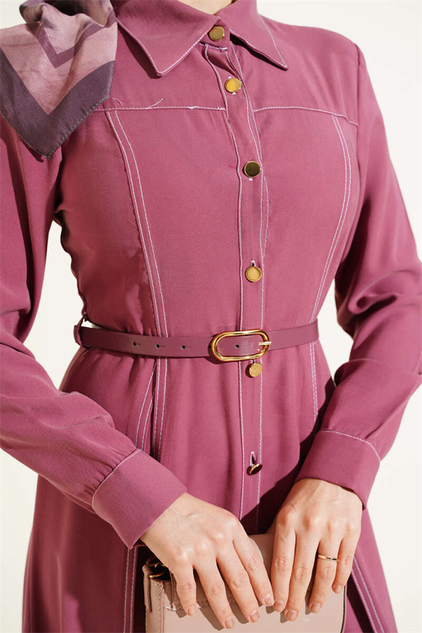 Buttoned Pleated Belted Dress in Rose Pink