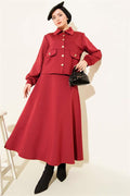 2 Piece Set in burgundy with buttoned faux pocket scuba skirt.