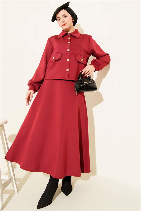 2 Piece Set in burgundy with buttoned faux pocket scuba skirt.
