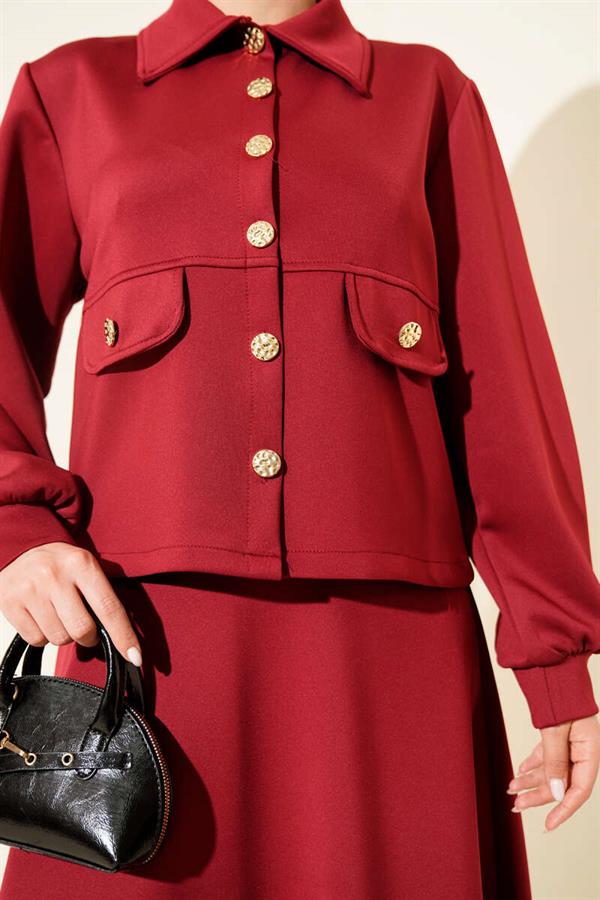 2 Piece Set in burgundy with buttoned faux pocket scuba skirt.