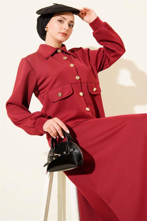 2 Piece Set in burgundy with buttoned faux pocket scuba skirt.