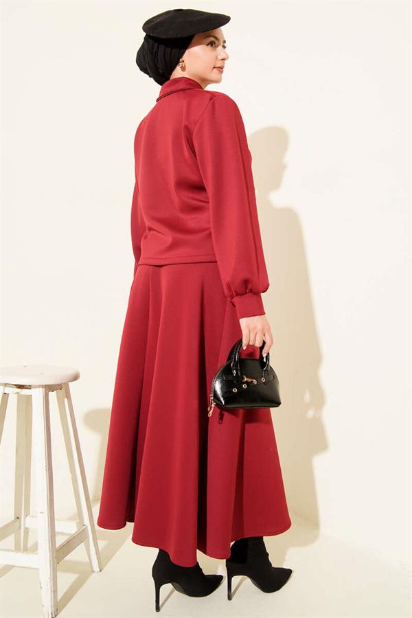 2 Piece Set in burgundy with buttoned faux pocket scuba skirt.