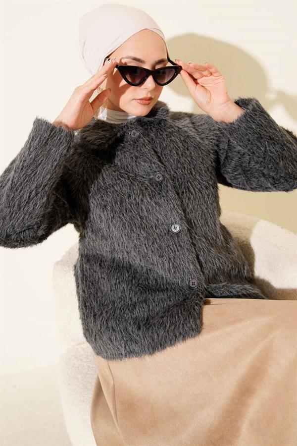 Buttoned Bearded Short Jacket Smoke Color