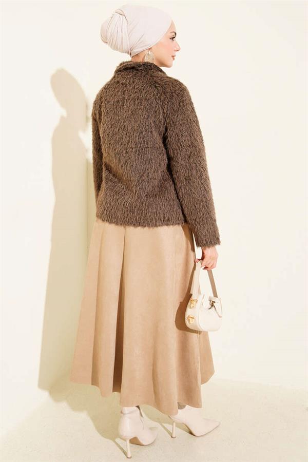 Buttoned Bearded Short Jacket Brown