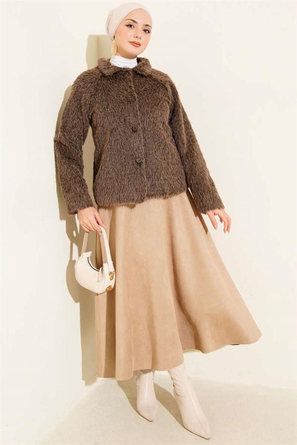 Buttoned Bearded Short Jacket Brown