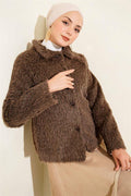 Buttoned Bearded Short Jacket Brown