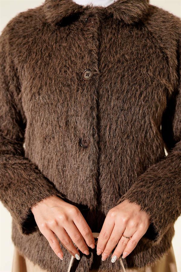 Buttoned Bearded Short Jacket Brown