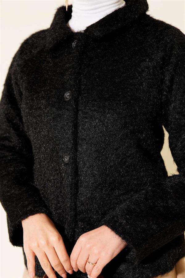 Buttoned Bearded Short Jacket Black