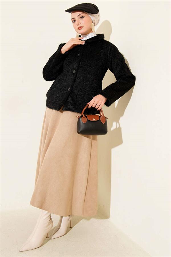 Buttoned Bearded Short Jacket Black