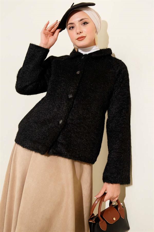 Buttoned Bearded Short Jacket Black