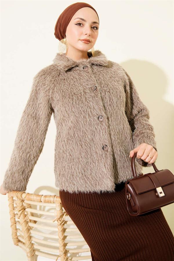 Buttoned Bearded Short Jacket Mink