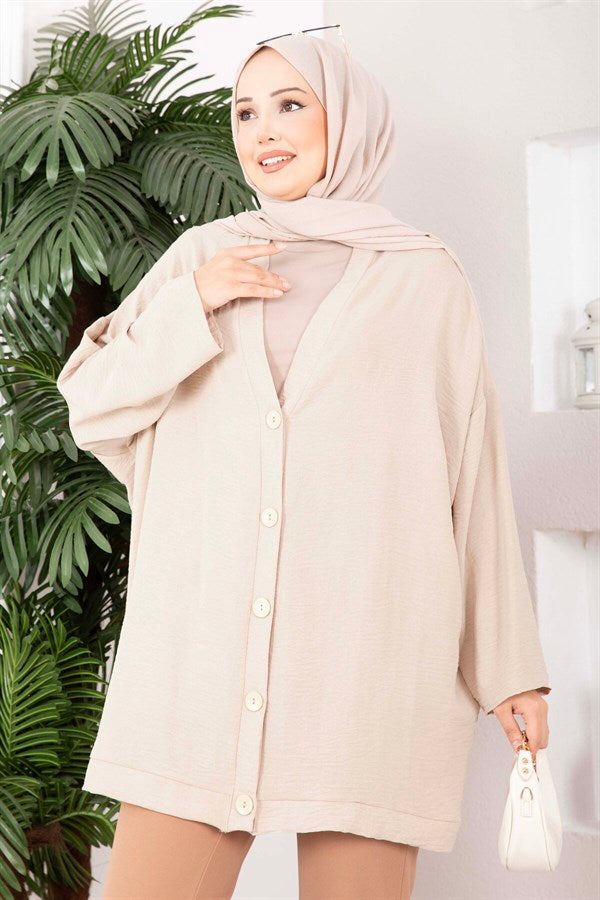 Buttoned Loose-Fitting Aerobin Kimono, Beige