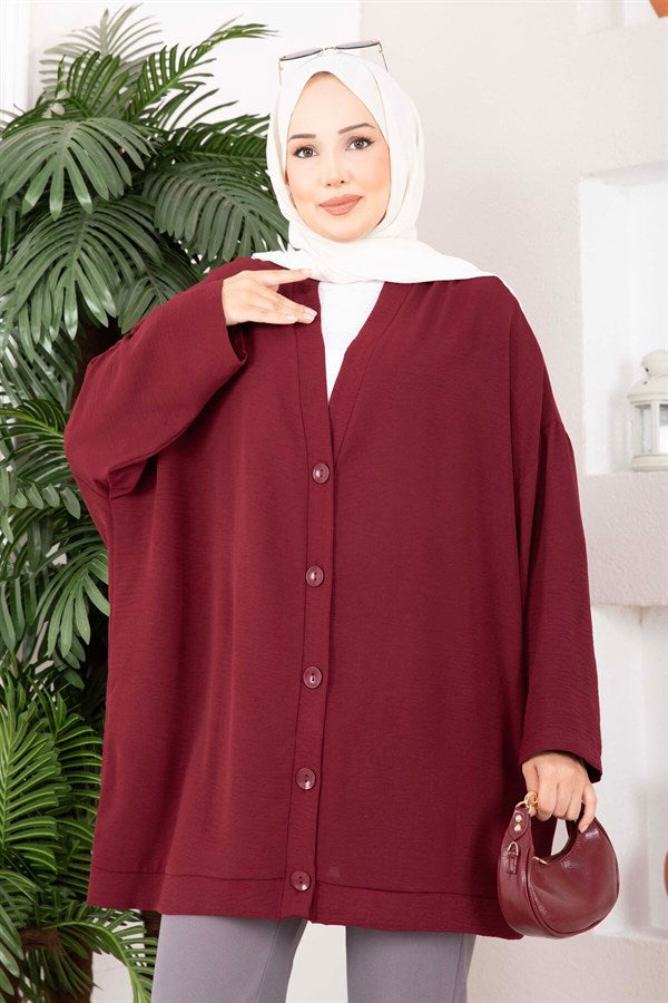 Buttoned Loose-Fitting Aerobin Kimono in Burgundy