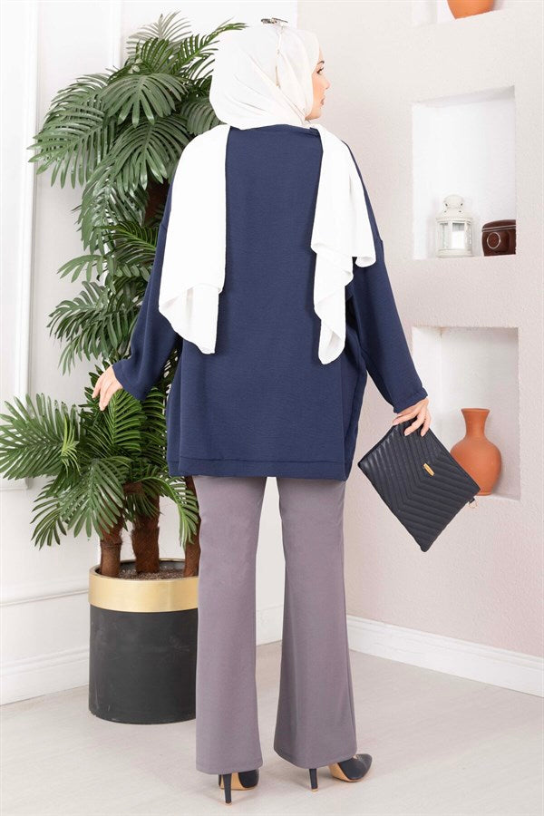Buttoned Loose-Fitting Aerobin Kimono Navy Blue