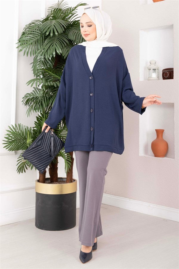 Buttoned Loose-Fitting Aerobin Kimono Navy Blue