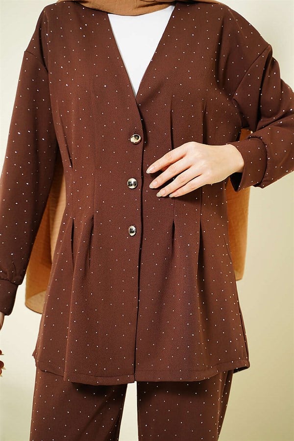 Buttoned Stone Embellished 2 Piece Set in Coffee