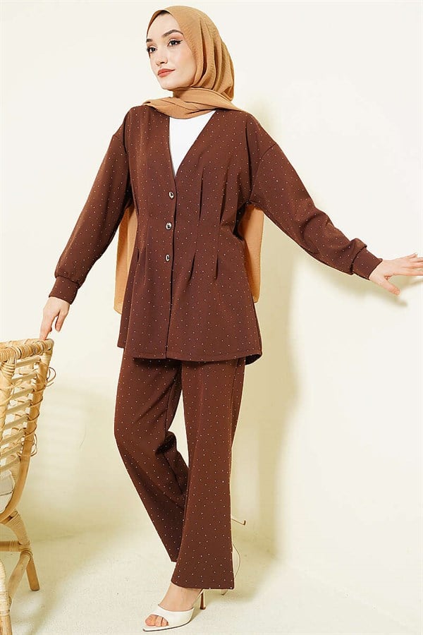 Buttoned Stone Embellished 2 Piece Set in Coffee