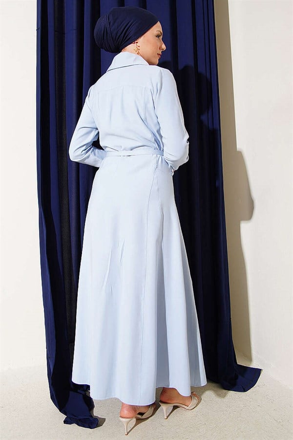 Buttoned Tencel Thin Belted Dress Baby Blue