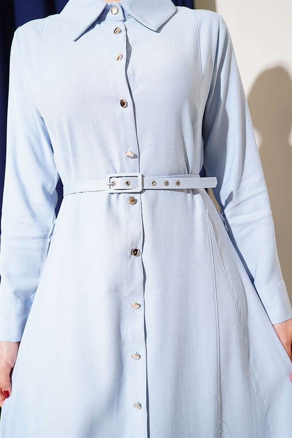 Buttoned Tencel Thin Belted Dress Baby Blue